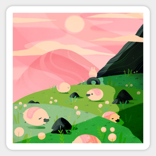Sheep on a Mountain Sticker by Mofy